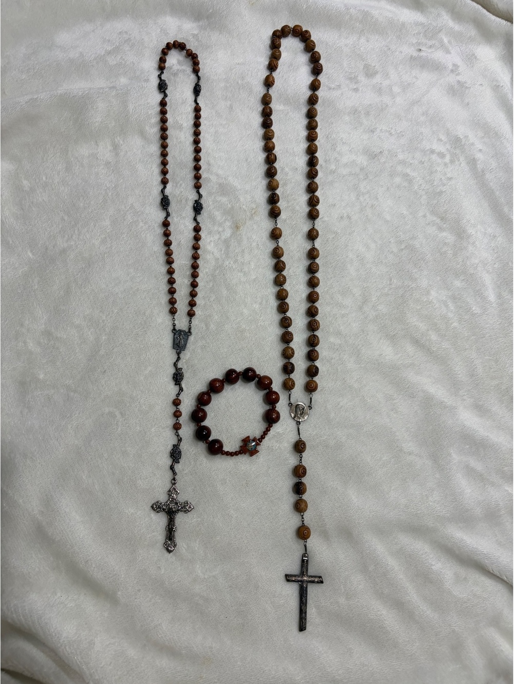 Set of 2 vintage rosaries wood and silver pleated St. Benedict wood bracelet